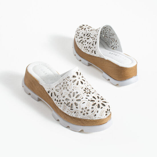 Бяло дамско сабо от естествена кожа на платформа - поглед отстрани