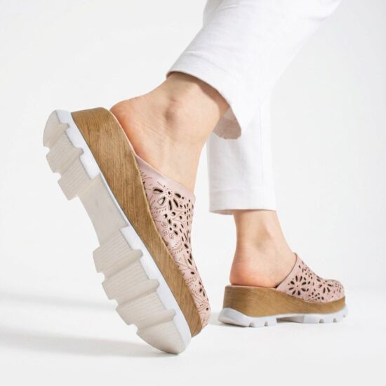 Розово дамско сабо от естествена кожа на платформа - Естествена кожа