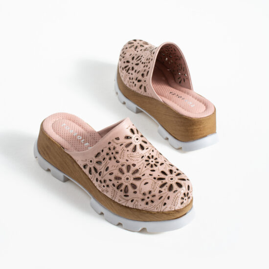 Розово дамско сабо от естествена кожа на платформа - поглед отстрани