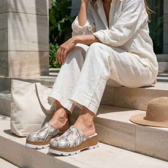 Сребристо дамско сабо от естествена кожа на платформа - Сребрист