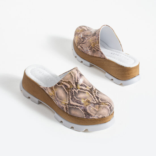 Розово-златисто дамско сабо от естествена кожа на платформа - поглед отстрани