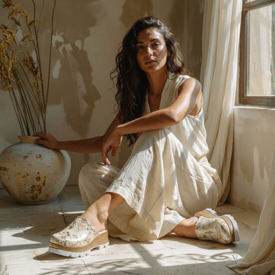 Златисто дамско сабо от естествена кожа на платформа - Бежов Златист