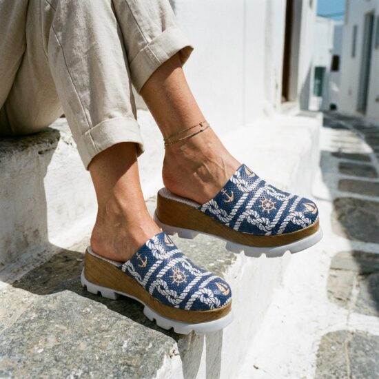 Синьо дамско сабо от естествена кожа на платформа