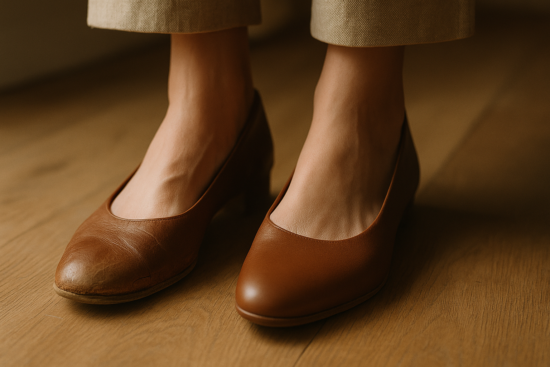 close-up of a pair of women's leather shoes, one worn and damaged, the other pristine and new, both on a wooden floor, f