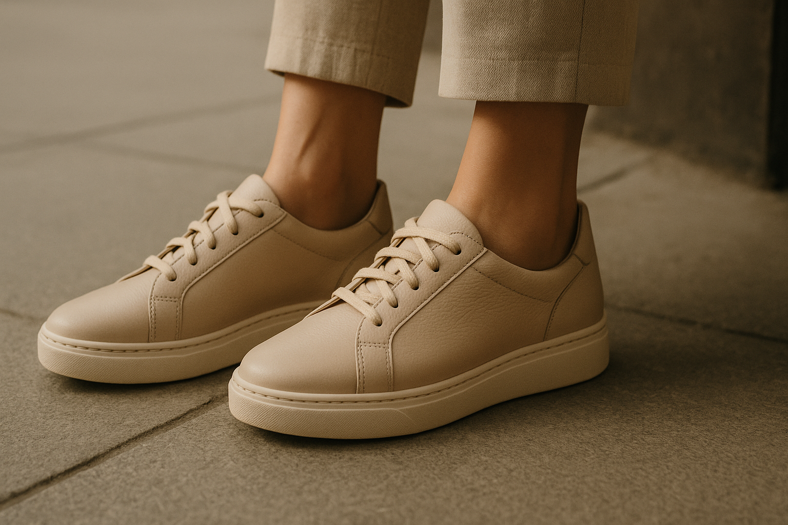 close-up of women's feet wearing elegant anatomical beige leather sneakers on a city sidewalk, showing quality details i