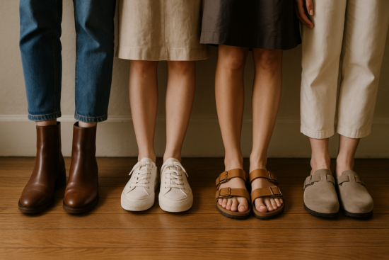close-up of four pairs of women's shoes—leather boots, sneakers, sandals, and anatomical clogs—lined up on a wooden floo