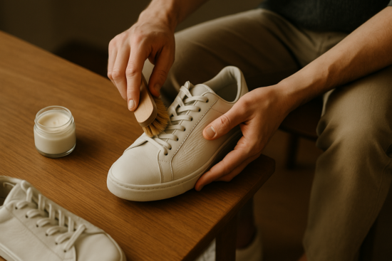 close-up of hands cleaning classic white leather sneakers with a soft brush and cream on a wooden table, only feet and h