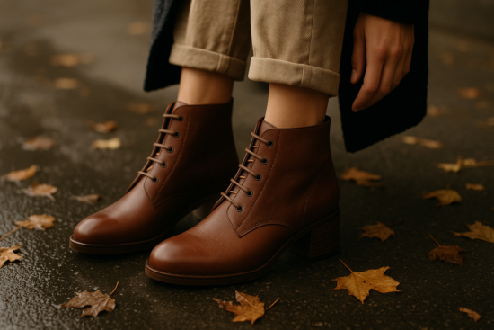 close-up of a woman's feet in high-quality brown leather ankle boots on a wet autumn street, fallen leaves around, with