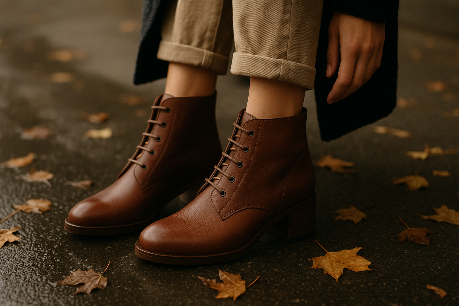 close-up of a woman's feet in high-quality brown leather ankle boots on a wet autumn street, fallen leaves around, with