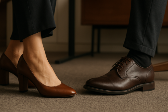 close-up of a woman's and a man's feet in elegant leather shoes on an office floor under desks, showing different shoe s