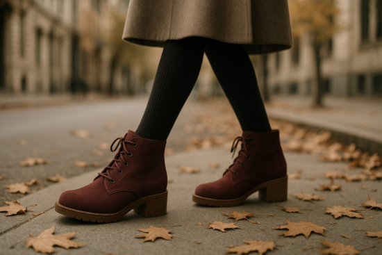 close-up of a woman's feet wearing burgundy nubuck ankle boots walking on a city sidewalk in autumn, fallen leaves on th